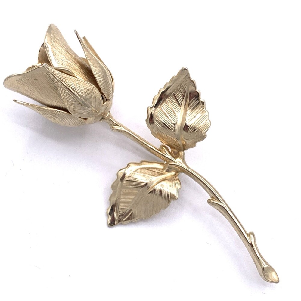 Vintage Signed Giovanni Gold Tone Rose Bud Leaf Brooch Brushed Botanical Pin 3"